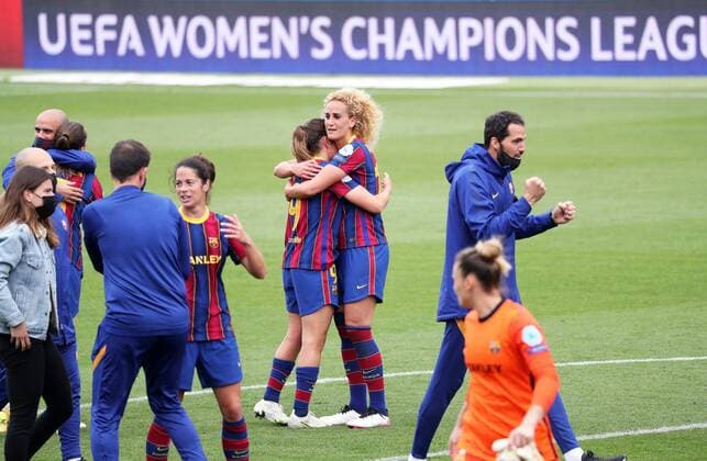 May 02, 2021, Barcelona, Catalonia, Spain: FC Barcelona, Barca players celebration at the end of the FC Barcelona-PSG match of the semifinals of the Women s UEFA Champions League, played at the Johan Cruyff stadium. Photo: JGS Cordon Press Cordon Press