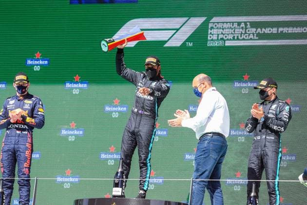 Portuguese Grand Prix, 02 05 2021. Lewis Hamilton (GBR), Mercedes AMG Petronas W12 on podium after victory celebrating during the Formula 1 Heineken Grande Premio De Portugal 2021 at the Algarve International Circuit, Portimao, Portugal on 2 May 2021 Portimao Portugal Editorial use only , Copyright: xPhilxDuncanx PSI-12618-0013