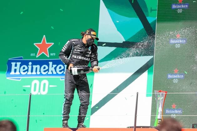 Portuguese Grand Prix, 02 05 2021. Lewis Hamilton (GBR), Mercedes AMG Petronas W12 celebrates victory with champagne during the Formula 1 Heineken Grande Premio De Portugal 2021 at the Algarve International Circuit, Portimao, Portugal on 2 May 2021 Portimao Portugal Editorial use only , Copyright: xPhilxDuncanx PSI-12618-0015