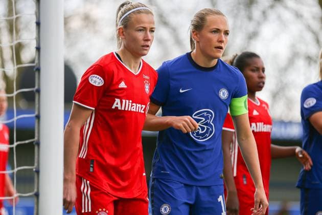 London, England, May 2nd 2021: Magdalena Eriksson ( 16 Chelsea) and Hanna Glas ( 5 Bayern Munich) during the UEFA Womens Champions League Semi Final game between Chelsea and Bayern Munich at Kingsmeadow in London, England. UEFA Womens Champions League Semi Final - Chelsea v Bayern Munic 