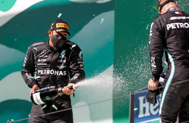 44 Lewis Hamilton (GBR, Mercedes-AMG Petronas F1 Team), 77 Valtteri Bottas (FIN, Mercedes-AMG Petronas F1 Team), F1 Grand Prix of Portugal at Autodromo Internacional do Algarve on May 2, 2021 in Portimao, Portugal. (Photo by HOCH ZWEI) Portimao Portugal