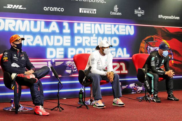 F1 Grand Prix of Portugal 33 Max Verstappen (NED, Red Bull Racing), 44 Lewis Hamilton (GBR, Mercedes-AMG Petronas F1 Team), 77 Valtteri Bottas (FIN, Mercedes-AMG Petronas F1 Team), F1 Grand Prix of Portugal at Autodromo Internacional do Algarve on May 2, 2021 in Portimao, Portugal. (Photo by xpbimages.com XPB Images FIA Pool via HOCH ZWEI) Portimao Portugal Poolfoto HOCH ZWEI Pool XPB Images ,EDITORIAL USE ONLY