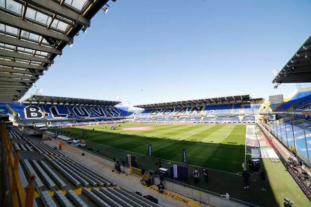 BRUGGE, BELGIUM - MAY 02 : tifo in the Stadium during the Champions play-offs matchday 1 game between Club Brugge and Rsc Anderlecht FOOTBALL : Club Bruges vs Anderlecht - Jupiler Pro League - Play-off 1 - 02 05 2021 PhotoNews Panoramic 