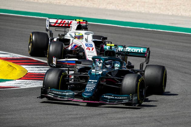 5 Sebastian Vettel (GER, Aston Martin Cognizant F1 Team), 47 Mick Schumacher (GER, Haas F1 Team), F1 Grand Prix of Portugal at Autodromo Internacional do Algarve on May 2, 2021 in Portimao, Portugal. (Photo by HOCH ZWEI) Portimao Portugal