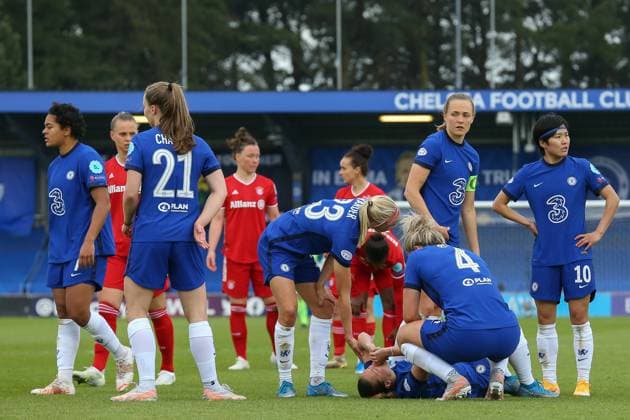 London, England, May 2nd 2021: Fran Kirby ( 14 Chelsea) is down during the UEFA Womens Champions League Semi Final game between Chelsea and Bayern Munich at Kingsmeadow in London, England. UEFA Womens Champions League Semi Final - Chelsea v Bayern Munic 