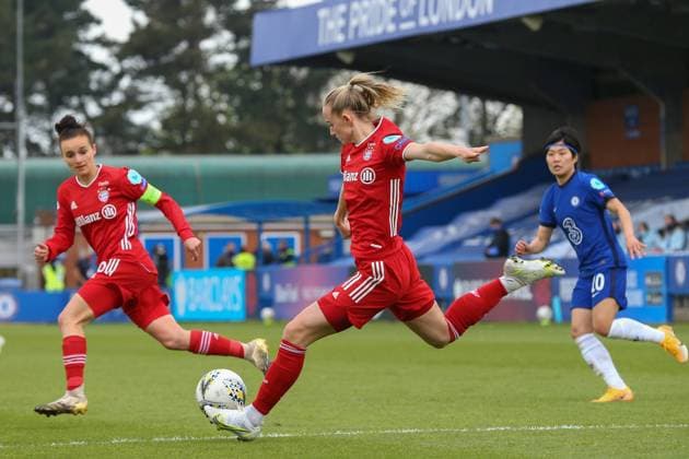 London, England, May 2nd 2021: Lea Schuller ( 11 Bayern Munich) during the UEFA Womens Champions League Semi Final game between Chelsea and Bayern Munich at Kingsmeadow in London, England. UEFA Womens Champions League Semi Final - Chelsea v Bayern Munic 
