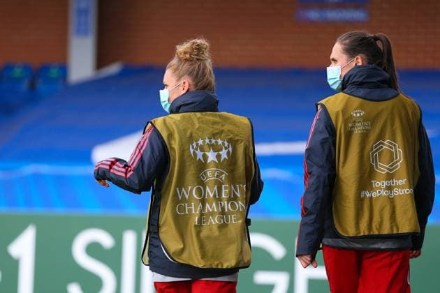 London, England, May 2nd 2021: weplaystrong during the UEFA Womens Champions League Semi Final game between Chelsea and Bayern Munich at Kingsmeadow in London, England. UEFA Womens Champions League Semi Final - Chelsea v Bayern Munic 