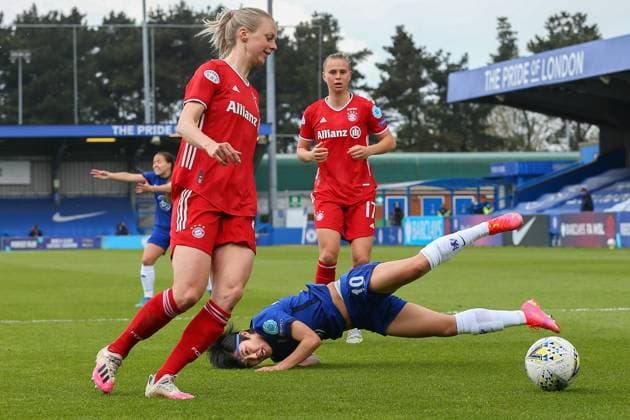 London, England, May 2nd 2021: Ji So-Yun ( 10 Chelsea) and Amanda Ilestedt ( 14 Bayern Munich) during the UEFA Womens Champions League Semi Final game between Chelsea and Bayern Munich at Kingsmeadow in London, England. UEFA Womens Champions League Semi Final - Chelsea v Bayern Munic 