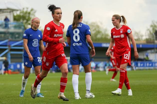 London, England, May 2nd 2021: Captain Lina Magull ( 16 Bayern Munich) during the UEFA Womens Champions League Semi Final game between Chelsea and Bayern Munich at Kingsmeadow in London, England. UEFA Womens Champions League Semi Final - Chelsea v Bayern Munic 