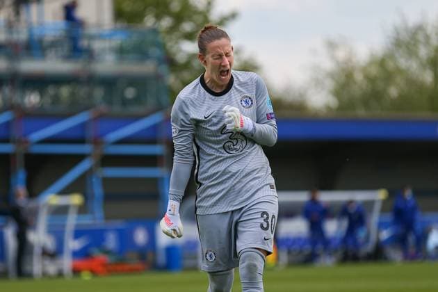 London, England, May 2nd 2021: Ann-Katrin Berger ( 30 Chelsea) celebrates her team goal during the UEFA Womens Champions League Semi Final game between Chelsea and Bayern Munich at Kingsmeadow in London, England. UEFA Womens Champions League Semi Final - Chelsea v Bayern Munic 