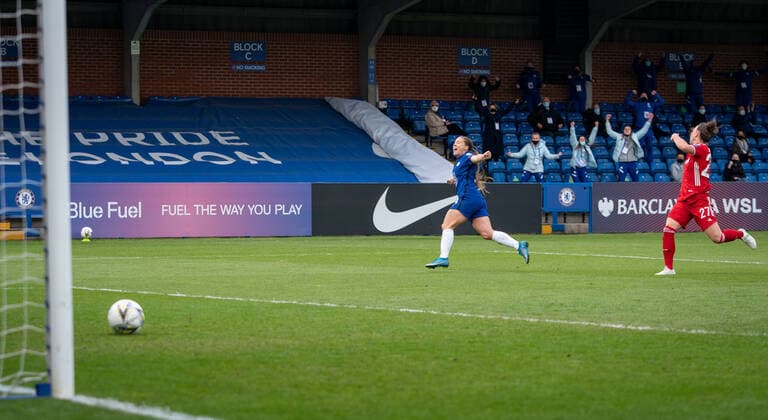 Fran Kirby of Chelsea Women scores her teams 4th goal into an empty net after the goalkeeper had attacked opposition goal late on during the 2nd leg Semi Final of the UEFA Women s Champions League behind closed doors match between Chelsea Women and FC Bayern Munich women at the Kingsmeadow Stadium, Kingston, England on 2 May 2021. Copyright: xAndyxRowlandx PMI-4188-0014