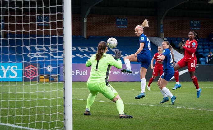 Pernille Harder of Chelsea Women scores a goal to make it 3-1 during the 2nd leg Semi Final of the UEFA Women s Champions League behind closed doors match between Chelsea Women and FC Bayern Munich women at the Kingsmeadow Stadium, Kingston, England on 2 May 2021. Copyright: xAndyxRowlandx PMI-4188-0015