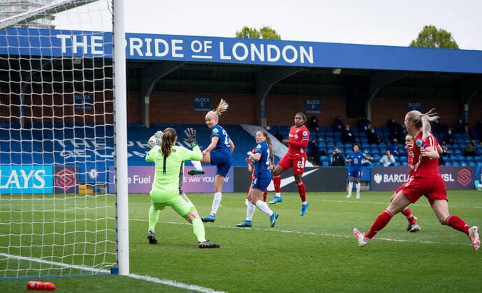 Pernille Harder of Chelsea Women scores a goal to make it 3-1 during the 2nd leg Semi Final of the UEFA Women s Champions League behind closed doors match between Chelsea Women and FC Bayern Munich women at the Kingsmeadow Stadium, Kingston, England on 2 May 2021. Copyright: xAndyxRowlandx PMI-4188-0016