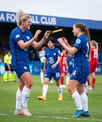 Millie Bright (left) & Fran Kirby of Chelsea Women at full time during the 2nd leg Semi Final of the UEFA Women s Champions League behind closed doors match between Chelsea Women and FC Bayern Munich women at the Kingsmeadow Stadium, Kingston, England on 2 May 2021. Copyright: xAndyxRowlandx PMI-4188-0018