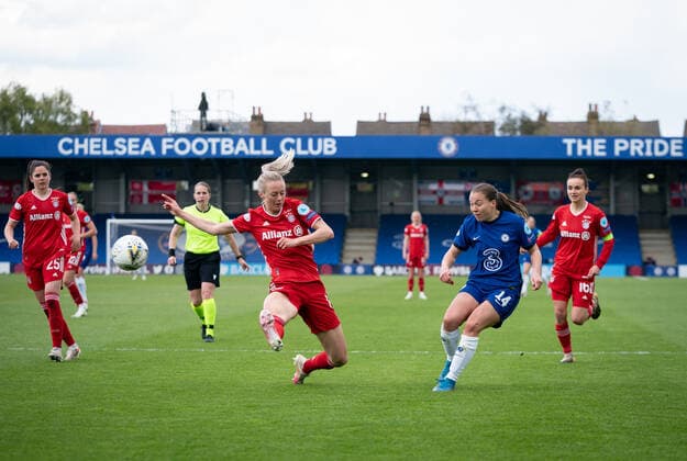 Fran Kirby of Chelsea Women shot at goal during the 2nd leg Semi Final of the UEFA Women s Champions League behind closed doors match between Chelsea Women and FC Bayern Munich women at the Kingsmeadow Stadium, Kingston, England on 2 May 2021. Copyright: xAndyxRowlandx PMI-4188-0019