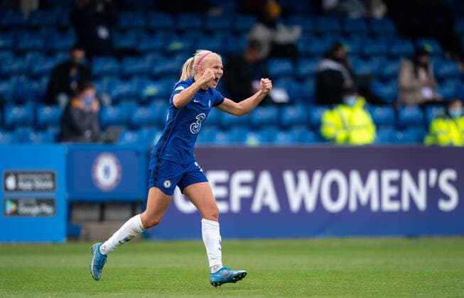 Pernille Harder of Chelsea Women celebrates scoring her goal making it 3-1 (4-3 aggregate) during the 2nd leg Semi Final of the UEFA Women s Champions League behind closed doors match between Chelsea Women and FC Bayern Munich women at the Kingsmeadow Stadium, Kingston, England on 2 May 2021. Copyright: xAndyxRowlandx PMI-4188-0028