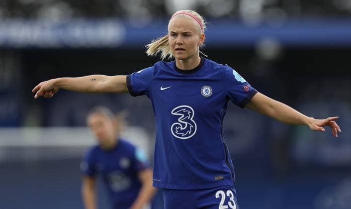 Kington Upon Thames, England, 2nd May 2021. Pernille Harder of Chelsea during the UEFA Women s Champions League match at Kingsmeadow, Kington Upon Thames. Picture credit should read: Paul Terry Sportimage EDITORIAL USE ONLY. No use with unauthorised audio, video, data, fixture lists, club league logos or live services. Online in-match use limited to 120 images, no video emulation. No use in betting, games or single club league player publications. SPI-1031-0094