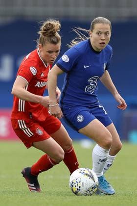 Kington Upon Thames, England, 2nd May 2021. Fran Kirby of Chelsea and Linda Dallmann of Bayern Munich during the UEFA Women s Champions League match at Kingsmeadow, Kington Upon Thames. Picture credit should read: Paul Terry Sportimage EDITORIAL USE ONLY. No use with unauthorised audio, video, data, fixture lists, club league logos or live services. Online in-match use limited to 120 images, no video emulation. No use in betting, games or single club league player publications. SPI-1031-0110