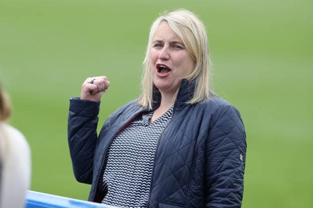 Kington Upon Thames, England, 2nd May 2021. Emma Hayes manager of Chelsea celebrates after he team win the UEFA Women s Champions League match at Kingsmeadow, Kington Upon Thames. Picture credit should read: Paul Terry Sportimage EDITORIAL USE ONLY. No use with unauthorised audio, video, data, fixture lists, club league logos or live services. Online in-match use limited to 120 images, no video emulation. No use in betting, games or single club league player publications. SPI-1031-0112