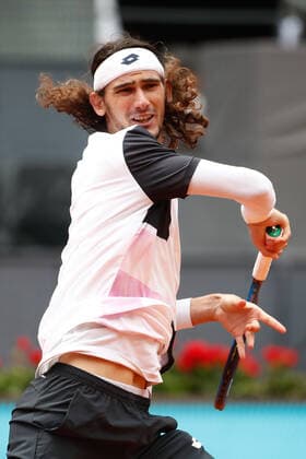 May 3, 2021, MADRID, MADRID, SPAIN: Lloyd Harris of South Africa in action during his Men s Singles match, round of 64, against Grigor Dimitrov of Bulgary on the ATP, Tennis Herren Masters 1000 - Mutua Madrid Open 2021 at La Caja Magica on May 3, 2021 in Madrid, Spain. MADRID SPAIN - ZUMAa181 20210503_zaa_a181_027 Copyright: xOscarxJ.xBarrosox
