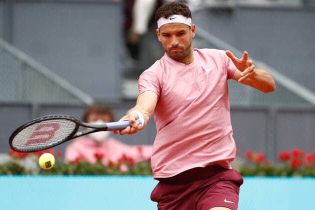 May 3, 2021, MADRID, MADRID, SPAIN: Grigor Dimitrov of Bulgary in action during his Men s Singles match, round of 64, against Lloyd Harris of South Africa on the ATP, Tennis Herren Masters 1000 - Mutua Madrid Open 2021 at La Caja Magica on May 3, 2021 in Madrid, Spain. MADRID SPAIN - ZUMAa181 20210503_zaa_a181_029 Copyright: xOscarxJ.xBarrosox