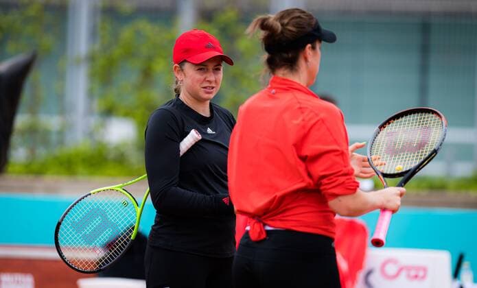 Mandatory Credit: Photo by Rob Prange Shutterstock (11876065af) Anastasia Pavlyuchenkova of Russia & Jelena Ostapenko of Latvia playing doubles at the 2021 Mutua Madrid Open WTA, Tennis Damen 1000 tournament Mutua Madrid Open, Tennis, La Caja Magica, Madrid, Spain - 03 May 2021 Mutua Madrid Open, Tennis, La Caja Magica, Madrid, Spain - 03 May 2021  Copyright: xRobxPrange Shutterstockx 11876065af