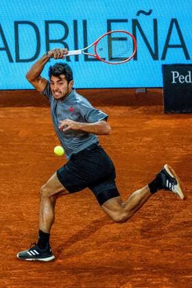 Chilean tennis player Christian Garin returns the ball to Spanish Fernando Verdasco during their match at the Mutua Madrid Open tennis tournament game held at La Caja Magica tennis complex in Madrid, Spain, 03 May 2021. Mutua Madrid Open !ACHTUNG: NUR REDAKTIONELLE NUTZUNG!  Copyright: xJuanJoxMartinx GRAF8427 20210503-637556751260117765