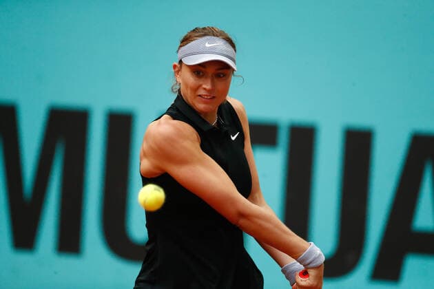 May 3, 2021, MADRID, MADRID, SPAIN: Paula Badosa of Spain in action during her Women s Singles match, round of 32, against Anastasija Sevastova of Latvia on the WTA, Tennis Damen 1000 - Mutua Madrid Open 2021 at La Caja Magica on May 3, 2021 in Madrid, Spain. MADRID SPAIN - ZUMAa181 20210503_zaa_a181_303 Copyright: xOscarxJ.xBarrosox