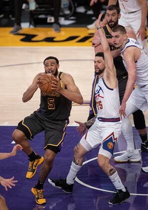 Los Angeles (United States), 03 05 2021.- Talen Horton-Tucker 5 of the Los Angeles Lakers goes for a shot towards the end during the NBA, Basketball Herren, USA game between Los Angeles Lakers and Denver Nuggets, at the Staples Center in Los Angeles, California, USA, 03 May 2021. Los Angeles Lakers vs. Denver Nuggets !ACHTUNG: NUR REDAKTIONELLE NUTZUNG!  Copyright: xJavierxRojasx AME4941 20210504-637557138339948614