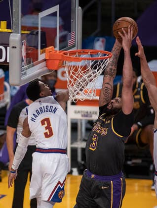 May 3, 2021, Los Angeles, California, USA: Anthony Davis 3 of the Los Angeles Lakers goes for a dunk during their regular season NBA, Basketball Herren, USA game with the Denver Nuggets on Monday May 3, 2021 at the Staples Center in Los Angeles, California. Lakers defeat Nuggets, 93-89. PI Los Angeles USA - ZUMAp124 20210503_zaa_p124_007 Copyright: xJAVIERxROJASx