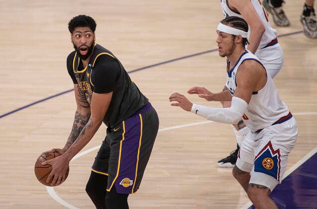 May 3, 2021, Los Angeles, California, USA: Aaron Gordon 50 of the Denver Nuggets defends against Anthony Davis 3 of the Los Angeles Lakers during their regular season NBA, Basketball Herren, USA game on Monday May 3, 2021 at the Staples Center in Los Angeles, California. Lakers defeat Nuggets, 93-89. PI Los Angeles USA - ZUMAp124 20210503_zaa_p124_042 Copyright: xJAVIERxROJASx