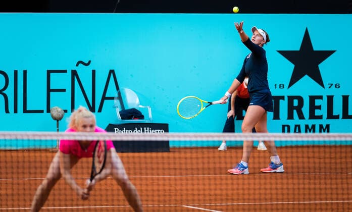 May 4, 2021, MADRID, MADRID, SPAIN: Barbora Krejcikova & Katerina Siniakova of the Czech Republic playing doubles at the 2021 Mutua Madrid Open WTA, Tennis Damen 1000 tournament MADRID SPAIN - ZUMAa181 20210504_zaa_a181_241 Copyright: xRobxPrangex