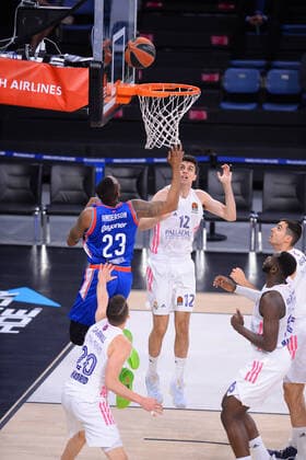 James Anderson (23) of Anadolu Efes and Carlos Alocen (12) of Real Madrid during the Turkish Airlines Euroleague quarter final 5th match between Anadolu Efes and Real Madrid at Sinan Erdem Dome in Istanbul , Turkey on May 04 , 2021. 