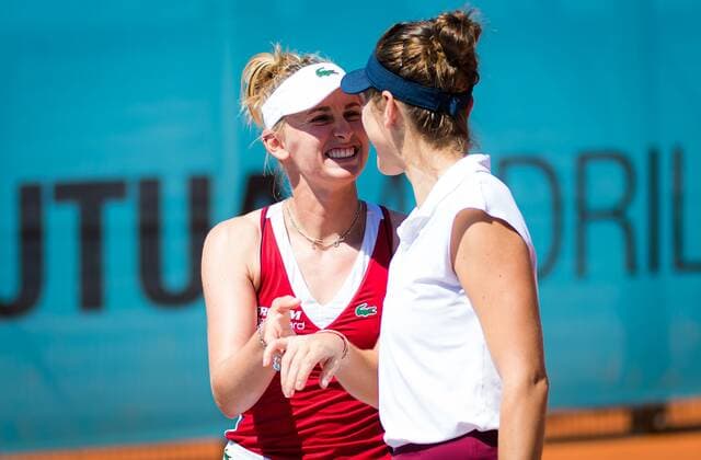 Mandatory Credit: Photo by Rob Prange Shutterstock (11888286ab) Jil Teichmann & Belinda Bencic of Switzerland in action during the doubles quarter-final match at the 2021 Mutua Madrid Open WTA, Tennis Damen 1000 tournament Mutua Madrid Open, Tennis, La Caja Magica, Madrid, Spain - 05 May 2021 Mutua Madrid Open, Tennis, La Caja Magica, Madrid, Spain - 05 May 2021  Copyright: xRobxPrange Shutterstockx 11888286ab
