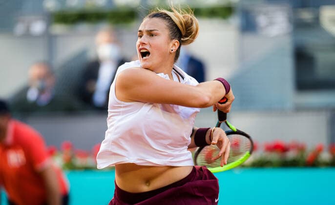 May 5, 2021, MADRID, MADRID, SPAIN: Aryna Sabalenka of Belarus in action during the quarter-finals of the 2021 Mutua Madrid Open WTA, Tennis Damen 1000 tournament against Elise Mertens of Belgium MADRID SPAIN - ZUMAa181 20210505_zaa_a181_137 Copyright: xRobxPrangex