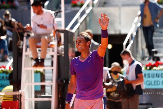 May 5, 2021, MADRID, MADRID, SPAIN: Rafael Nadal of Spain celebrates after winning his Men s Singles match, round of 32, against Carlos Alcaraz of Spain on the ATP, Tennis Herren Masters 1000 - Mutua Madrid Open 2021 at La Caja Magica on May 5, 2021 in Madrid, Spain. MADRID SPAIN - ZUMAa181 20210505_zaa_a181_258 Copyright: xOscarxJ.xBarrosox