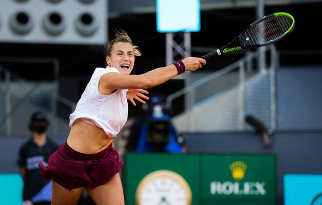 May 5, 2021, Madrid, Spain: Aryna Sabalenka of Belarus in action during the quarter-finals of the 2021 Mutua Madrid Open WTA, Tennis Damen 1000 tournament against E. Mertens of Belgium Madrid Spain - ZUMAa181 20210505_zaa_a181_143 Copyright: xRobxPrangex