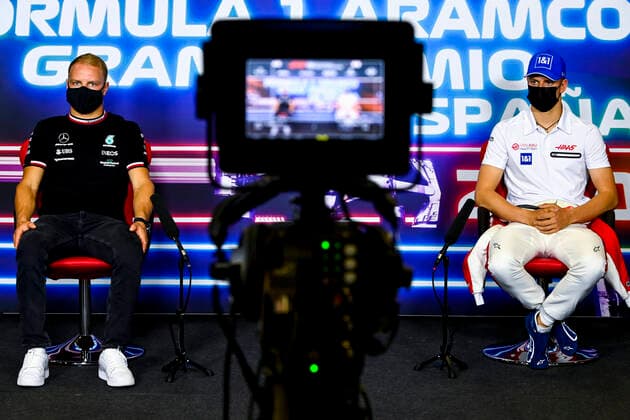 F1 Grand Prix of Spain 77 Valtteri Bottas (FIN, Mercedes-AMG Petronas F1 Team), 47 Mick Schumacher (GER, Haas F1 Team), F1 Grand Prix of Spain at Circuit de Barcelona-Catalunya on May 6, 2021 in Barcelona, Spain. (Photo by Mark Sutton LAT Motorsport Images FIA Pool via HOCH ZWEI) Barcelona Spain Poolfoto HOCH ZWEI Pool Motorsport Images ,EDITORIAL USE ONLY