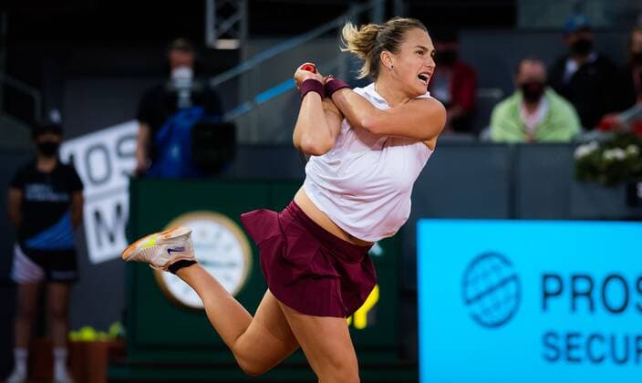 Mandatory Credit: Photo by Rob Prange Shutterstock (11888296bl) Aryna Sabalenka of Belarus in action during the semi-final of the 2021 Mutua Madrid Open WTA, Tennis Damen 1000 tournament Mutua Madrid Open, Tennis, La Caja Magica, Madrid, Spain - 06 May 2021 Mutua Madrid Open, Tennis, La Caja Magica, Madrid, Spain - 06 May 2021  Copyright: xRobxPrange Shutterstockx 11888296bl