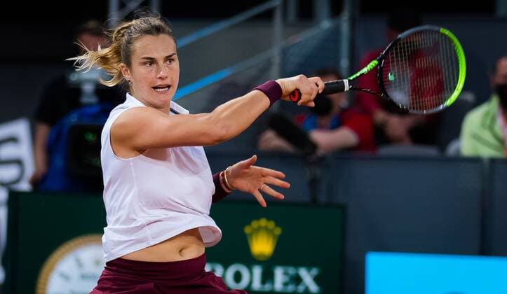 Mandatory Credit: Photo by Rob Prange Shutterstock (11888296bj) Aryna Sabalenka of Belarus in action during the semi-final of the 2021 Mutua Madrid Open WTA, Tennis Damen 1000 tournament Mutua Madrid Open, Tennis, La Caja Magica, Madrid, Spain - 06 May 2021 Mutua Madrid Open, Tennis, La Caja Magica, Madrid, Spain - 06 May 2021  Copyright: xRobxPrange Shutterstockx 11888296bj
