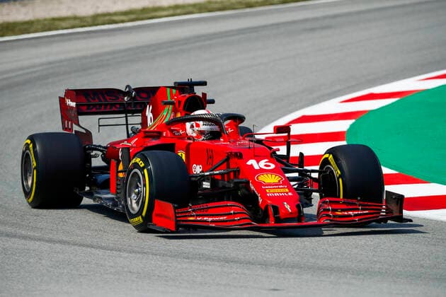 16 LECLERC Charles (mco), Scuderia Ferrari SF21, action during the Formula 1 Aramco Gran Premio De Espana 2021 from May 07 to 10, 2021 on the Circuit de Barcelona-Catalunya, in Montmelo, near Barcelona, Spain FORMULE 1 : Grand prix d Espagne - Barcelone - Essais - 07 05 2021 DPPI Panoramic 