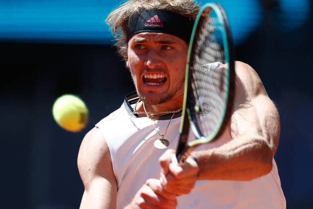 May 7, 2021, MADRID, MADRID, SPAIN: Alexander Zverev of Germany in action during his Men s Singles match, Quarter of Finals, against Rafael Nadal of Spain on the ATP, Tennis Herren Masters 1000 - Mutua Madrid Open 2021 at La Caja Magica on May 7, 2021 in Madrid, Spain. MADRID SPAIN - ZUMAa181 20210507_zaa_a181_016 Copyright: xOscarxJ.xBarrosox