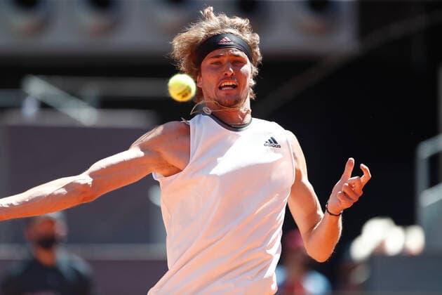 May 7, 2021, MADRID, MADRID, SPAIN: Alexander Zverev of Germany in action during his Men s Singles match, Quarter of Finals, against Rafael Nadal of Spain on the ATP, Tennis Herren Masters 1000 - Mutua Madrid Open 2021 at La Caja Magica on May 7, 2021 in Madrid, Spain. MADRID SPAIN - ZUMAa181 20210507_zaa_a181_025 Copyright: xOscarxJ.xBarrosox
