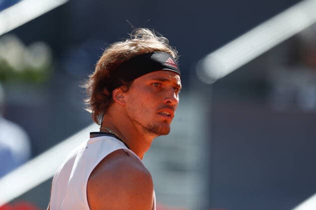 May 7, 2021, MADRID, MADRID, SPAIN: Alexander Zverev of Germany in action during his Men s Singles match, Quarter of Finals, against Rafael Nadal of Spain on the ATP, Tennis Herren Masters 1000 - Mutua Madrid Open 2021 at La Caja Magica on May 7, 2021 in Madrid, Spain. MADRID SPAIN - ZUMAa181 20210507_zaa_a181_027 Copyright: xOscarxJ.xBarrosox