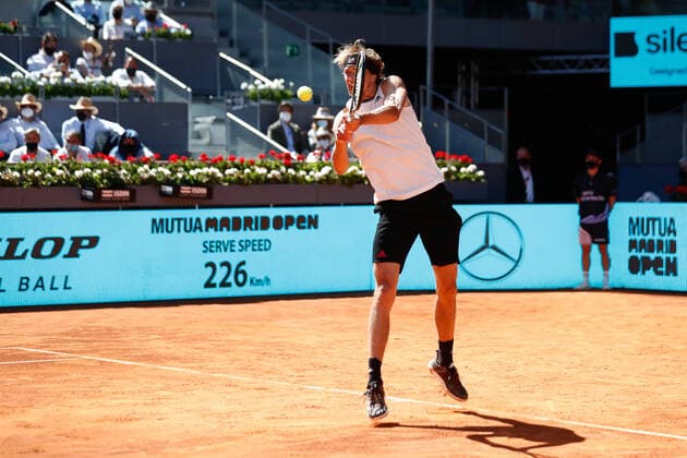 May 7, 2021, MADRID, MADRID, SPAIN: Alexander Zverev of Germany in action during his Men s Singles match, Quarter of Finals, against Rafael Nadal of Spain on the ATP, Tennis Herren Masters 1000 - Mutua Madrid Open 2021 at La Caja Magica on May 7, 2021 in Madrid, Spain. MADRID SPAIN - ZUMAa181 20210507_zaa_a181_035 Copyright: xOscarxJ.xBarrosox