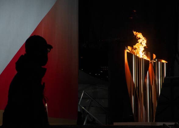 Celebration cauldron is seen displayed during the last leg of the first day of the Tokyo 2020 Olympic torch relay at the Nagasaki Seaside park in Nagasaki-Prefecture, Japan on Friday, May 7, 2021.  TKP20210500722 KEIZOxMORI