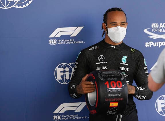 44 Lewis Hamilton (GBR, Mercedes-AMG Petronas F1 Team) celebrates his 100th pole position, F1 Grand Prix of Spain at Circuit de Barcelona-Catalunya on May 8, 2021 in Barcelona, Spain. (Photo by HOCH ZWEI) Barcelona Spain