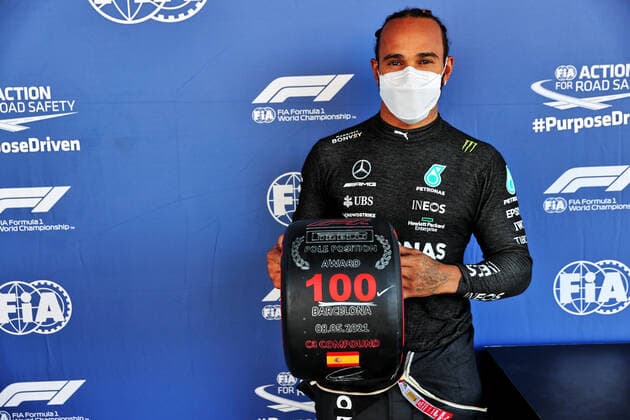 F1 Grand Prix of Spain 44 Lewis Hamilton (GBR, Mercedes-AMG Petronas F1 Team) celebrates his 100th pole position, F1 Grand Prix of Spain at Circuit de Barcelona-Catalunya on May 8, 2021 in Barcelona, Spain. (Photo by xpbimages.com XPB Images FIA Pool via HOCH ZWEI) Barcelona Spain Poolfoto HOCH ZWEI Pool XPB Images ,EDITORIAL USE ONLY