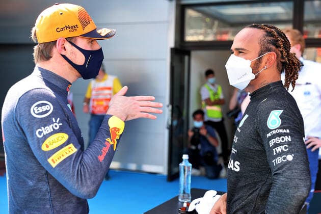 F1 Grand Prix of Spain 33 Max Verstappen (NED, Red Bull Racing), 44 Lewis Hamilton (GBR, Mercedes-AMG Petronas F1 Team), F1 Grand Prix of Spain at Circuit de Barcelona-Catalunya on May 8, 2021 in Barcelona, Spain. (Photo by xpbimages.com XPB Images FIA Pool via HOCH ZWEI) Barcelona Spain Poolfoto HOCH ZWEI Pool XPB Images ,EDITORIAL USE ONLY