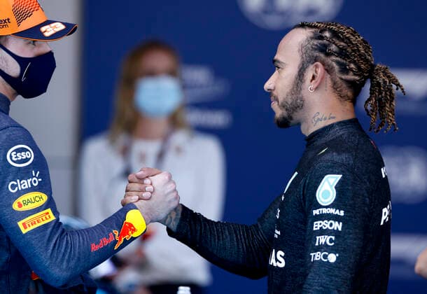 33 Max Verstappen (NED, Red Bull Racing), 44 Lewis Hamilton (GBR, Mercedes-AMG Petronas F1 Team), F1 Grand Prix of Spain at Circuit de Barcelona-Catalunya on May 8, 2021 in Barcelona, Spain. (Photo by HOCH ZWEI) Barcelona Spain